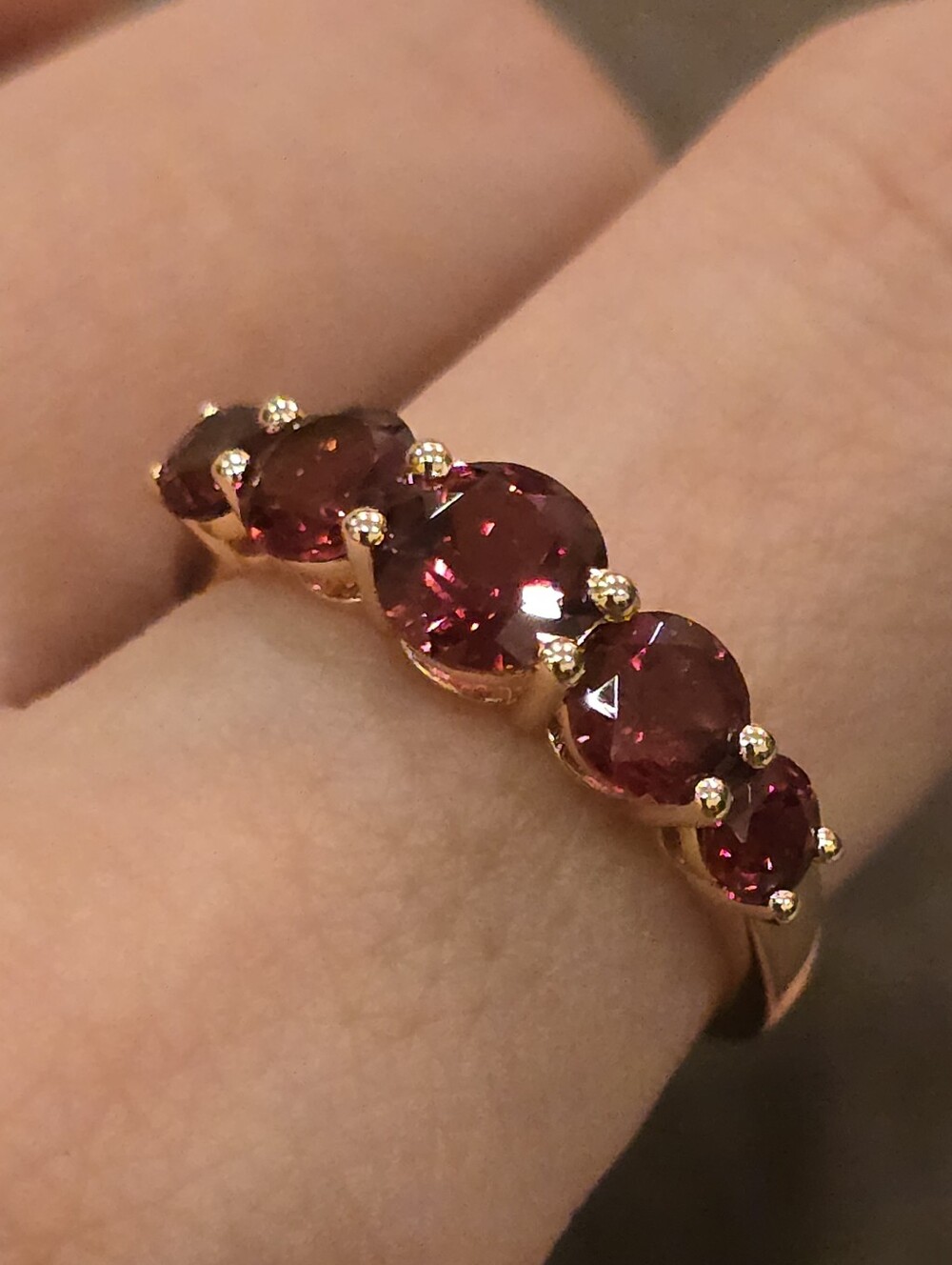 Garnet 5 Stone Band Ring In 14k Plated 925 Sterling Silver, Size 7